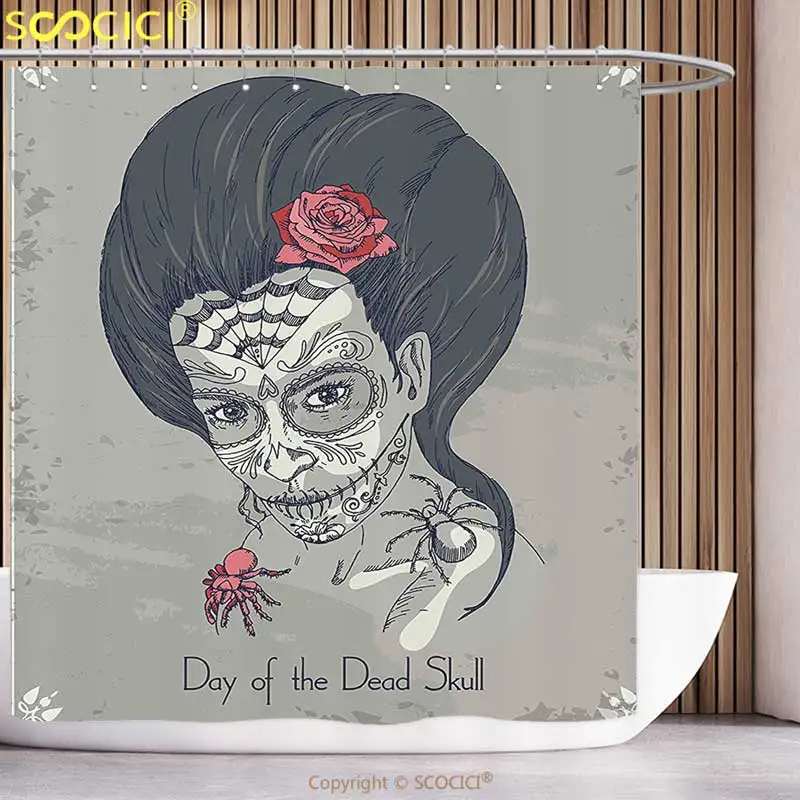 

Funky Shower Curtain Day Of The Dead Decor Dia de Los Muertos Skull Girl with Roses Image Print Charcoal Grey Dimgrey Pink