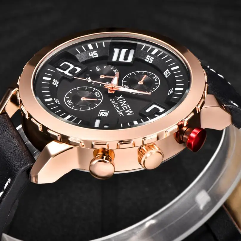 

Mens Quartz Wrist Watch Analog Date Day Army Sport Black Leather Luxury 80619