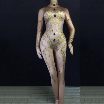 

Sexy Female Nightclub Pole Dance Clothing Bar Party Singer Costume Sparkly Crystals Stretch Skinny Bodysuit Lady Clothes DT354