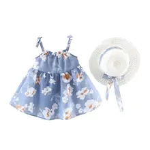 2018 Summer Baby Girl Print Flower Beach Dress+Hat 2 pcs Children School Cute Sleeveless Perform Dance Dress Girls Wedding Dress