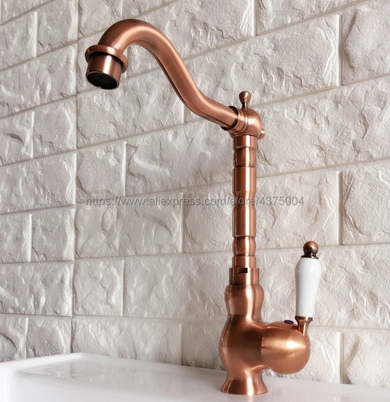 Bathroom Faucet Antique Red Copper Basin Faucet Deck Mounted Single Handle Single Hole Hot And Cold Water Tap Nnf408