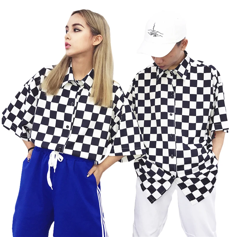 

2019 New Summer Shirts Female Retro Black and White Color Matching Shirt Loose Short Sleeve Harajuku Plaid Shirt Ins #2012