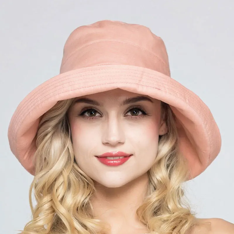 Летняя женская шляпа из хлопка и льна, солнцезащитные шапки для женщин, 6 цветов, модные праздничные пляжные кепки для девочек, недорогие шляпы с широким рулоном