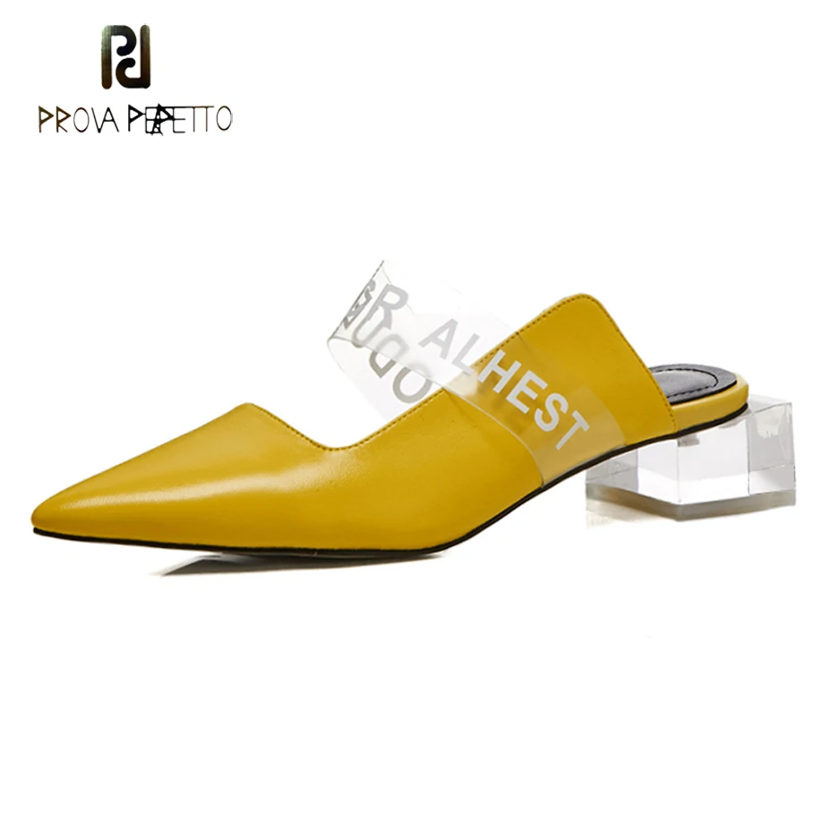 

Prova Perfetto new female sheep leather+clear pvc print slipper fashion pointed toe transparent crystal square heel women slides