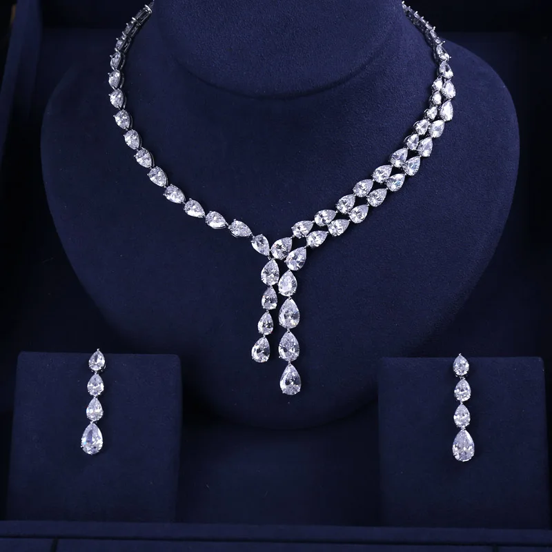 JaneKelly ясно, лучшее качество сверкающий кристалл циркона серьги и ожерелье, свадебные украшения комплект свадебное платье ACCESSARIES - Окраска металла: Clear White