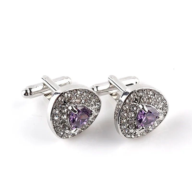 

Elegent Silver Purple Rhinestone Crystal Cufflinks for Men's Women Shirt Lawyer Gift Cuff Links Gemelos Triangle Clip Buttons