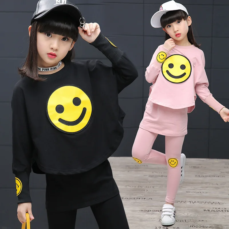 

2018 Spring Korean Style Long Sleeve Emoji Print T-shirt + Leggings Outfits Kids Girls Clothing Sets Vetement Enfant Fille 13 14