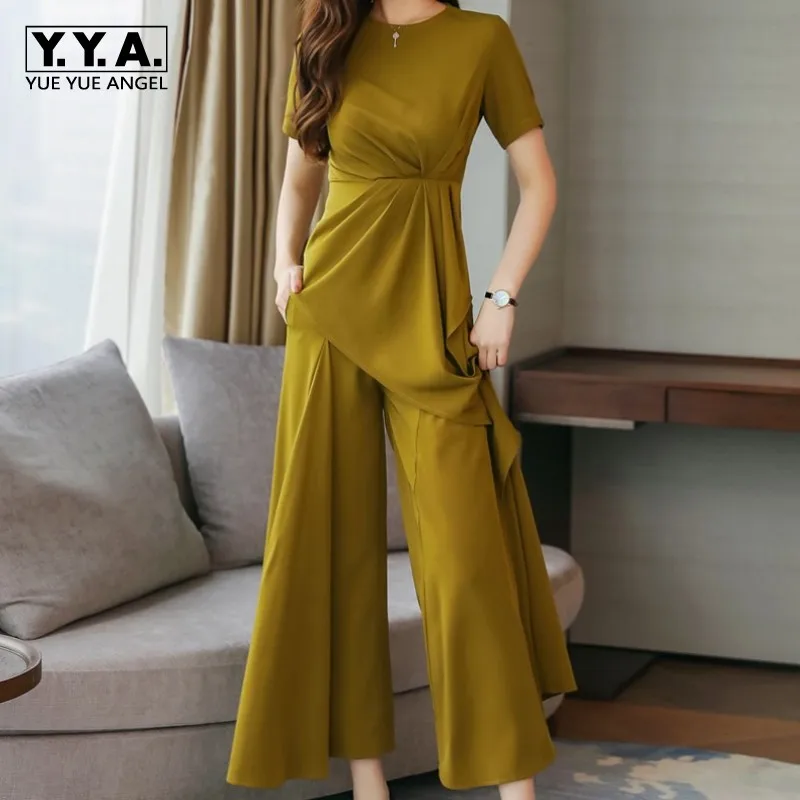 

2019 Two Piece Outfits For Women Fashion Solid Short Sleeve Loose Straight Wide Leg Pants For Female Sets Elegant Slim Lady Sets