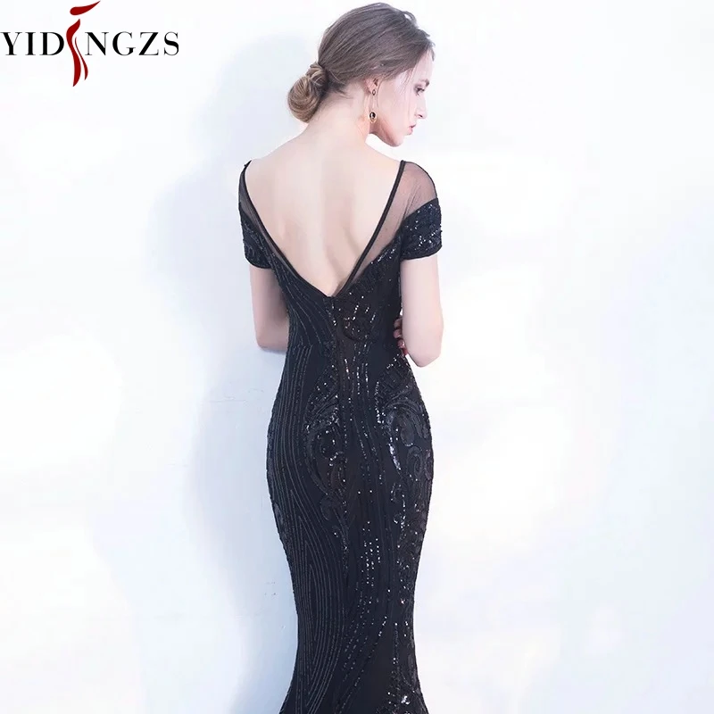YIDINGZS Elegant Backless Evening Dress Simple Black Sequin Dress Short Sleeve Dress For Women Party