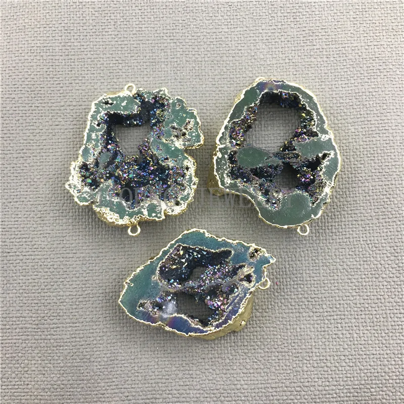 MY0423  Freeform Titanium Rainbow Geode Connector Beads,Green Crystal Druzy Quartz Slice Drusy Pendant (2)