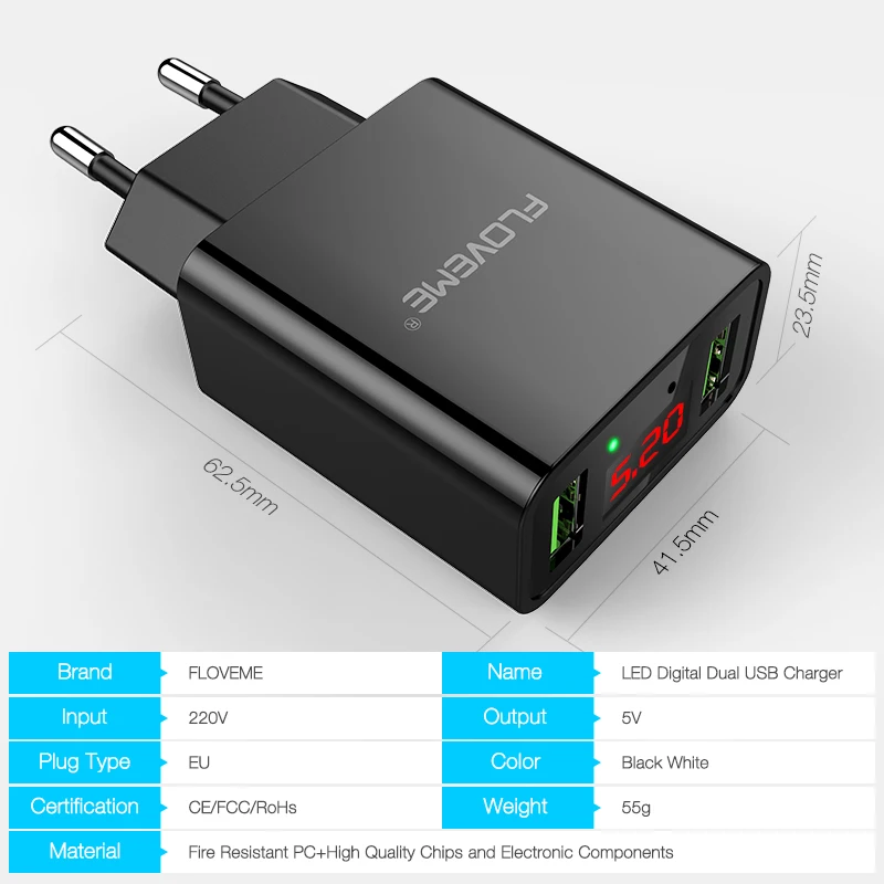 зарядка для телефон Floveme зарядное устройство 2 Порты USB ЕС Plug Зарядное iPhone X Samsung S8