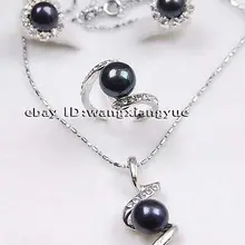 Натуральный Для женщин подарок ювелирные изделия WGP слово тонкой натуральной черный Akoya культивированный жемчуг Серьги/кольцо Цепочки и ожерелья подвеска Свадебные