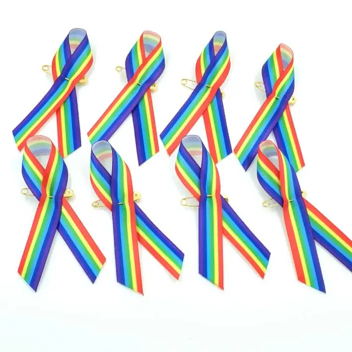 500pcs Rainbow Polyester Grosgrain Awareness Ribbons w/ Golden Safety