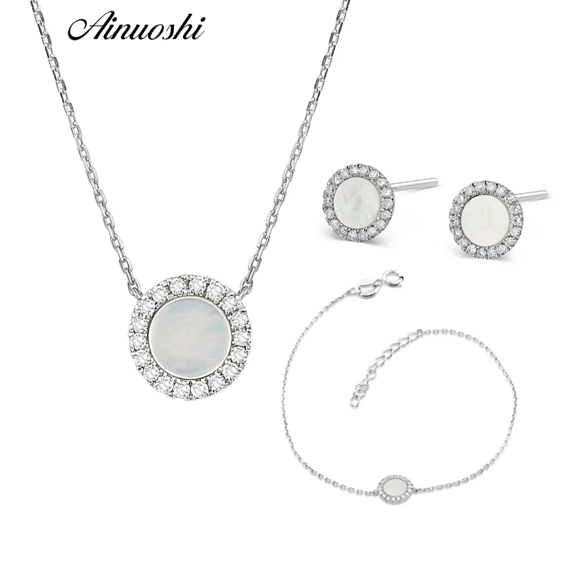 

AINUOSHI Pure 18K White Gold Female Diamond Sets Natural White Onyx Round-shaped Earring Pendant Necklace Bracelet Jewelry Sets