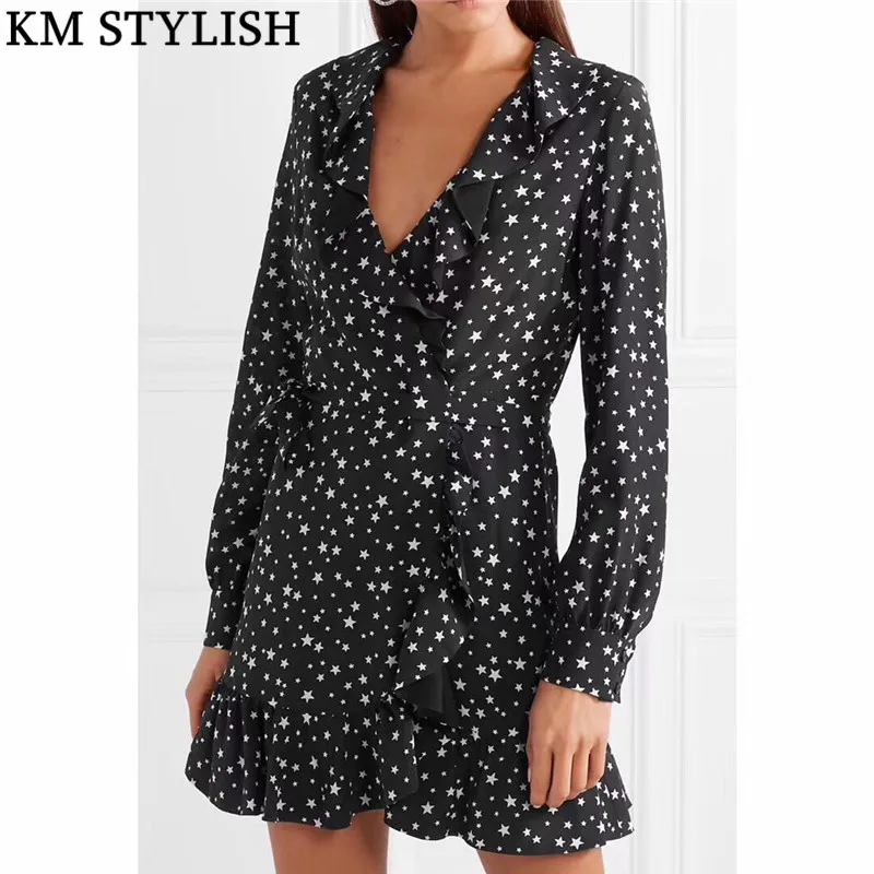 2019 Early Spring New Star Print Ruffled Women Black Dress Lotus Leaf Neckline Hem High Slim Retro One-piece Dress With Belt