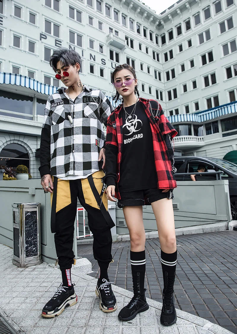 Red And Black Plaid Patchwork Shirt Men  (26)
