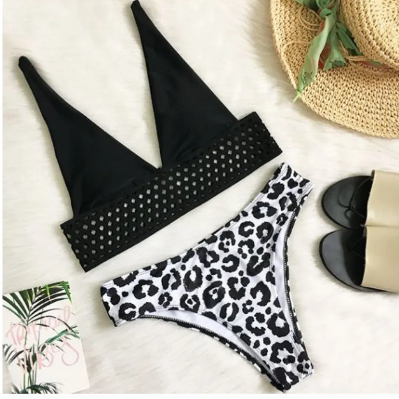 Женский сексуальный комплект бикини черный полый бюстгальтер наборы пляжная одежда купальник пляжная одежда с высокой талией стрейч