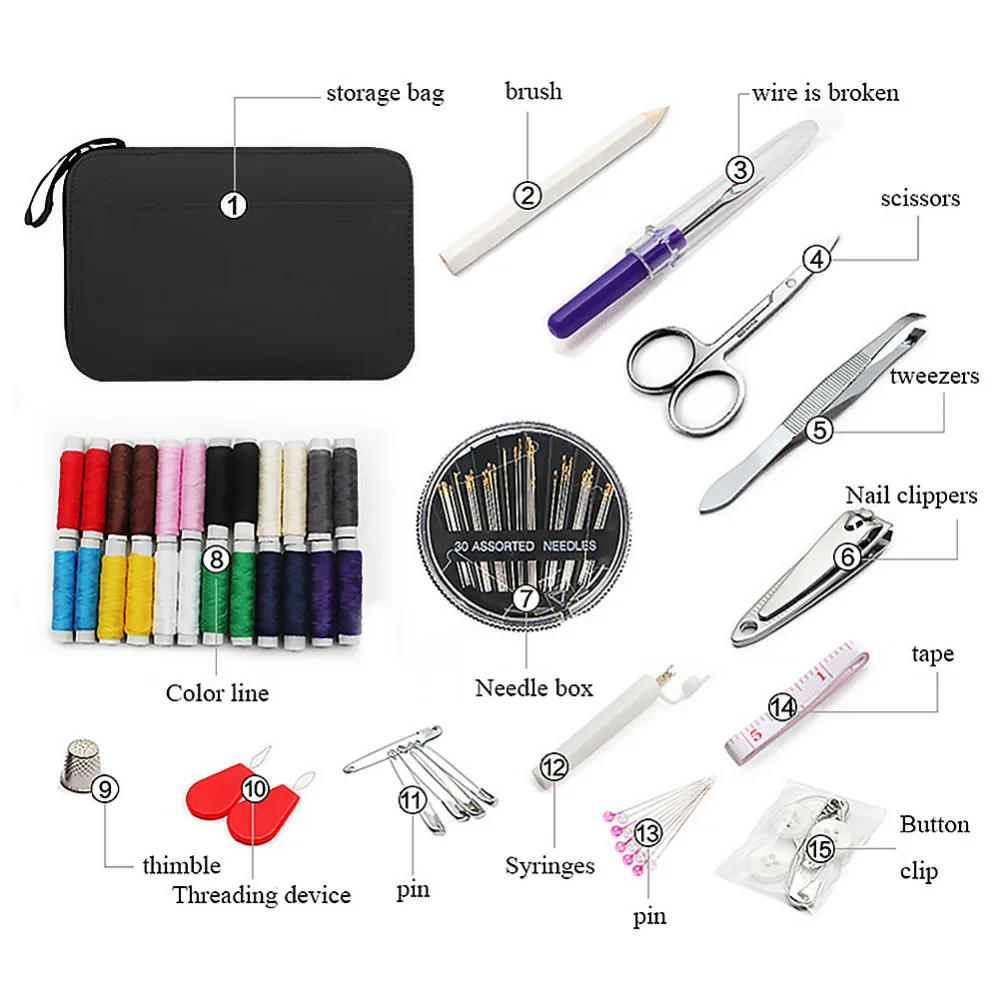 Black High quality portable traveling sewing kits bag inside with threads needle scissor pin