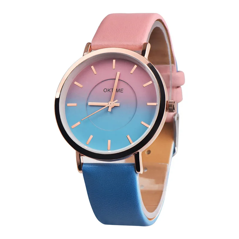 

Gradient Color Embossed Leather Belt Rainbow Hit Color Women Quartz Watch Suit for Adults and Students montre homme 39J