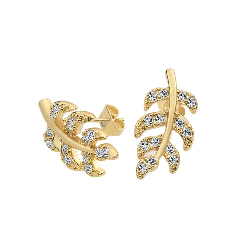 Crystal Laurel Leaf Stud Earrings For Women Kolczyki 2018 Fashion Jewelry Rose Gold Dainty