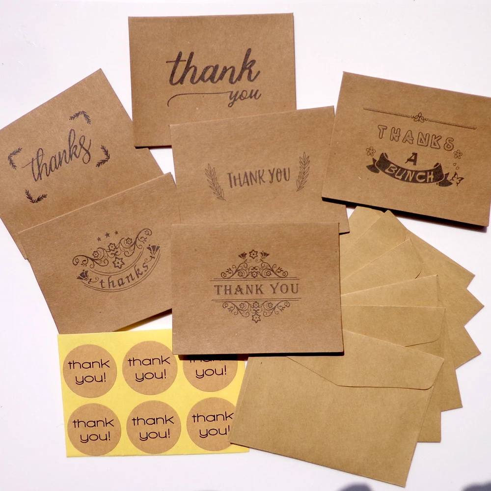

6pcs Thank You Kraft Card 6pcs kraft Paper Envelopes 6pcs Seal Sticker Wedding Party Mini Brown Paper Card Envelope Sticker Set