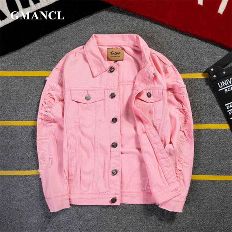 

2019 New 5XL 4XL Pink Ripped Denim Jackets Men/Women Hip Hop Holes Casual Fashion Distressed Streetwear Solid Male Jeans Jacket