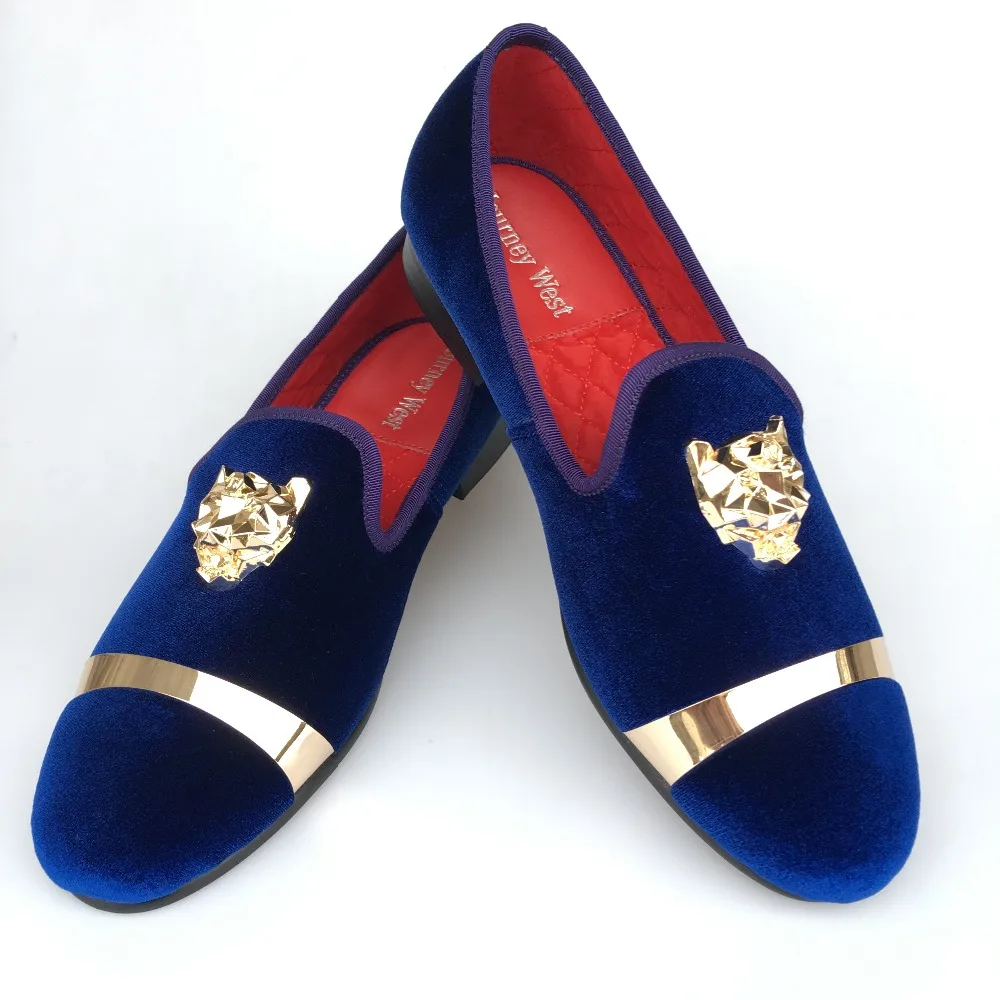 New Handmade Men Gold Buckle Loafers Slippers Shoes Men Blue Velvet