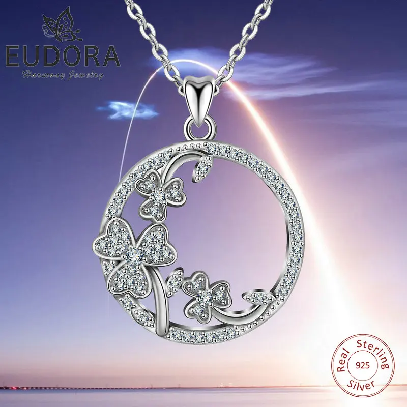 Eudora 925 Sliver good Lucky Shamrock Pendant Neckalce Ireland Flower Crystal CZ Torque Charm Sterling Sliver Jewelry for Women Fashion Jewelry