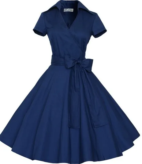 Женское винтажное платье с отложным воротником, в горошек, с v-образным вырезом, OL, тонкое сексуальное платье, 50 s, Одри Хепберн, красное, черное, свободное платье, Vestidos - Цвет: Navy