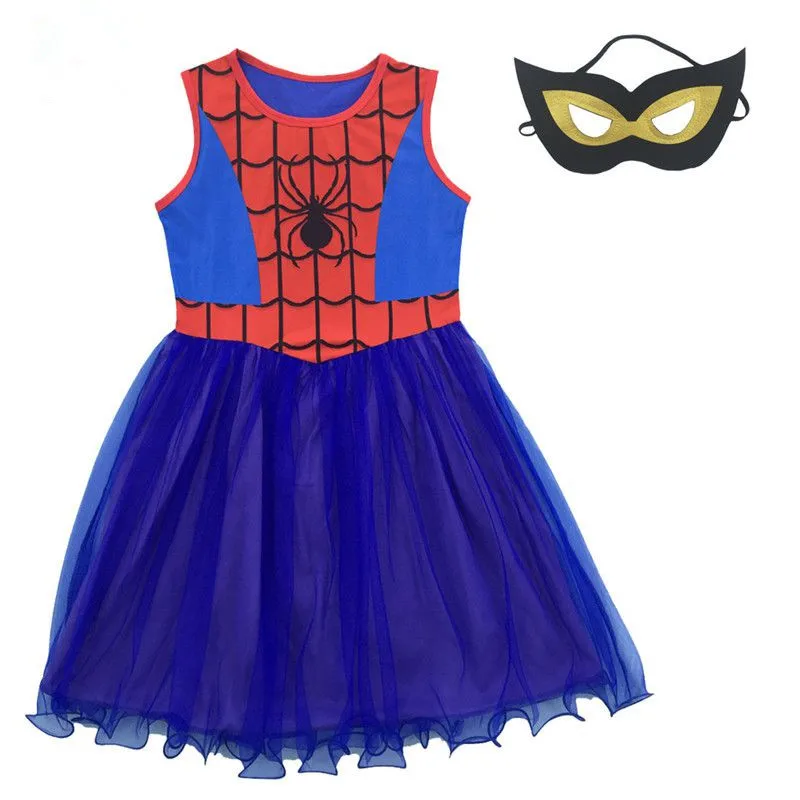 

Fancy Spiderman Cosplay Dress for Girl Costumes Children Dress Baby Kid Clothes Princess Halloween Party Dresses+Mask Robe Fille