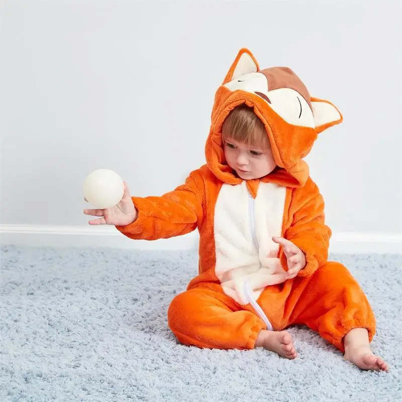 Одежда для новорожденных; зимние детские комбинезоны; костюм с животными; комбинезон для малышей; Пижама с капюшоном с рисунком коровы и лисы; фланелевая ночная рубашка - Цвет: Оранжевый
