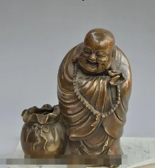 

S5006 7"Chinese Buddhism Bronze Happy Laugh Maitreya Buddha Money bag yuanbao Statue