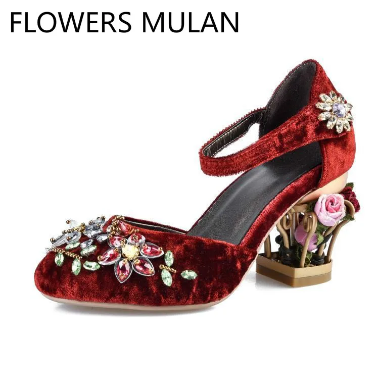 

Luxury Velvet Upper Women Sandals with Colorful Rhinestone Flowers Wedding Shoes Round Toe Metal Cut-outs Floral Heels Zapatos