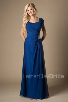 

Royal Blue Long Maxi Full Length Modest Bridesmaid Formal Dresses With Sleeves Ruched Chiffon Summer Bridesmaid Gowns