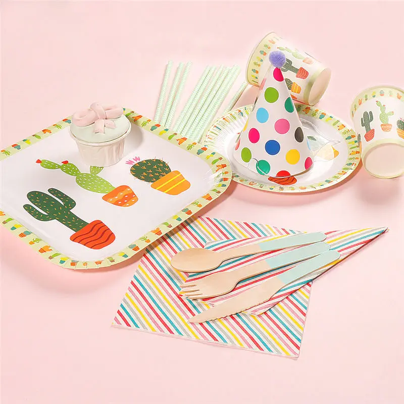Cactus Party Disposable Party Tableware Birthday Party Decorations Kids Favors Cactus Paper Plates Cups Hawai Party Supplies04