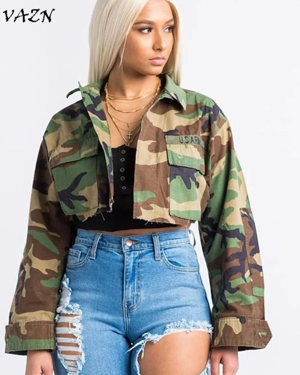 VAZN New Arrive Best Quality 2018 Military Women Jacket Camouflage Turn