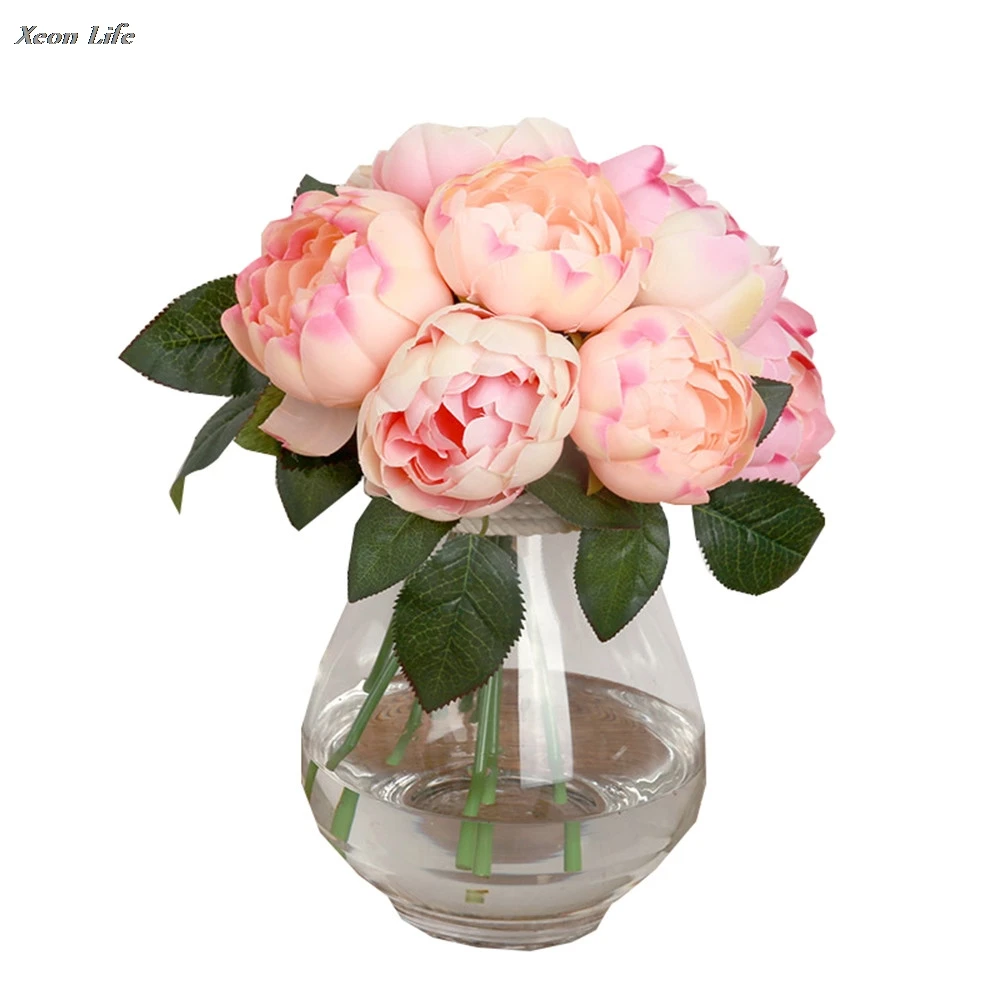 1 Bouquet 6 Heads Artificial Peony Silk Flower Leaf Home Wedding Party Decor