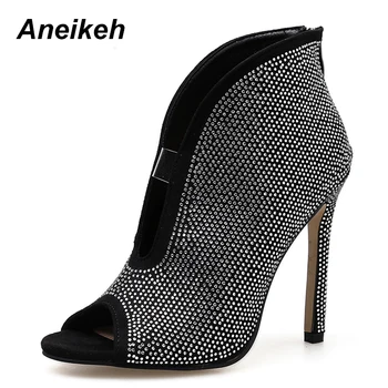 

Aneikeh 2019 PU Spring Autumn Fashion Ankle Boots Peep Toe Women's Boots Polka Dot Bling Thin Heels Shallow Black Apricot 35-42