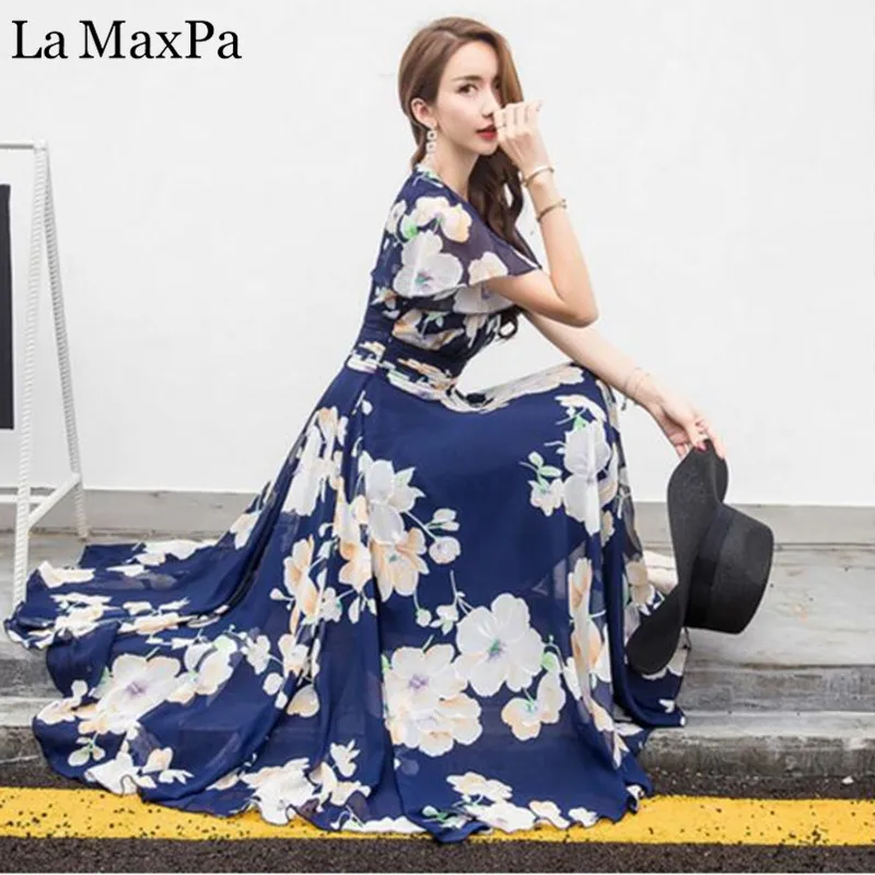 

Bohemian Chiffon Summer Dresses Women 2019 Plus Size Vestidos Maxi Dress for women 4xl 5xl Short Sleeve Print Beach Dresses