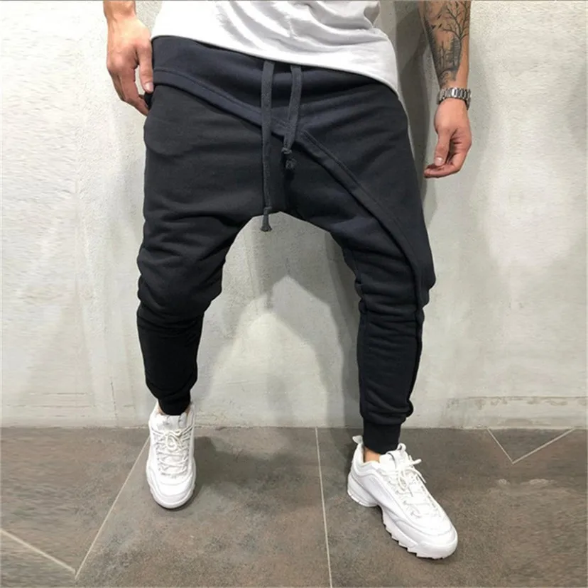 Baratos 2020 pantalones de tubo para hombre, pantalones de correr con capas asimétricas, Hip Hop, Streetwear, pantalones para trotar informales, con cordón, pantalones de fondo cerrado