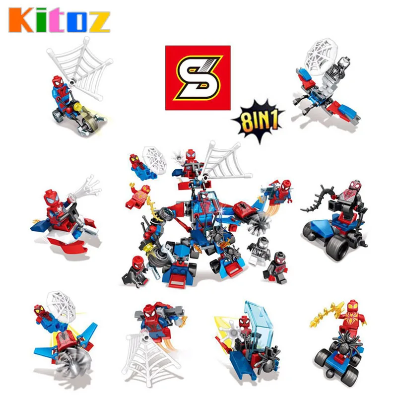 

Kitoz 8 in 1 Spiderman with Vehicles Figure Set Venom Carnage Spider-Man building block brick Toys Compatible with lego for boys