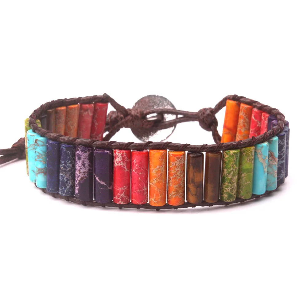 New Design Chakra Jewelry Handmade MultiColor Natural Stone Tube Bead Leather Wrap Bracelet Couples Bracelet Creative Gifts