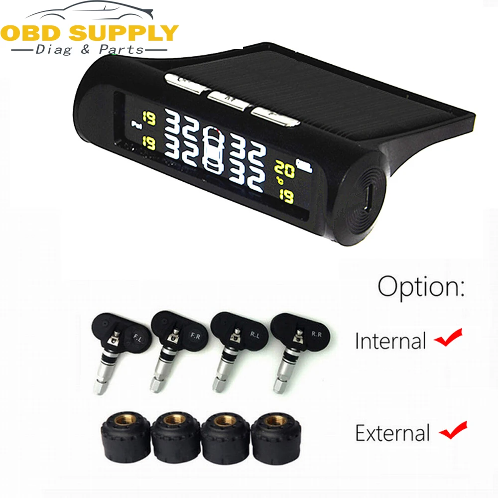 

Car solar TPMS tire pressure monitor wireless tire pressure monitoring alarm system LCD color display Internal / External Sensor