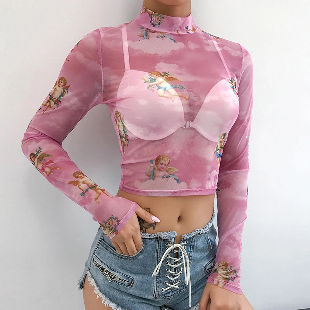 

Sexy Mesh See Trough Cropped Tops Women Floral Printed Long Sleeve O Neck T-shirt Tops WDC2191
