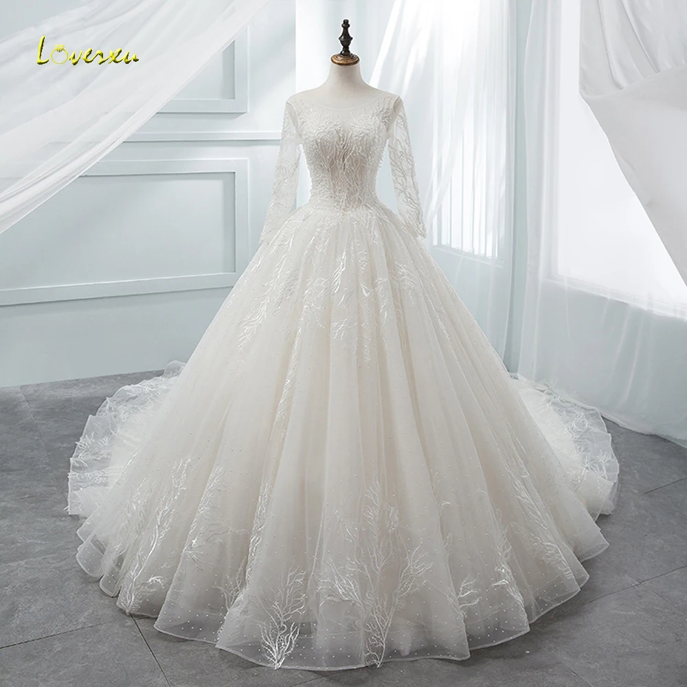 Loverxu Vestido De Noiva с длинным рукавом принцесса свадебные платья 2019 Роскошные с декором из бисера из хрусталя трапециевидной формы кружево