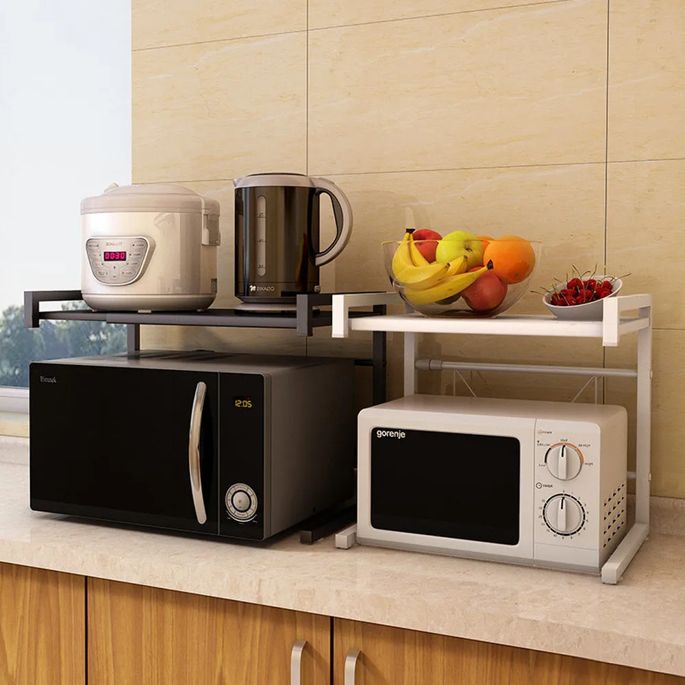  A1 Retractable microwave oven shelf 2 layer home kitchen multi-function black storage rack floor-st - 32916501333