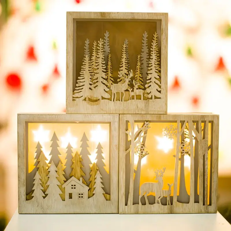 Рождественский светодиодный деревянный дом с огнями Рождественская елка олень вечерние украшения для дома