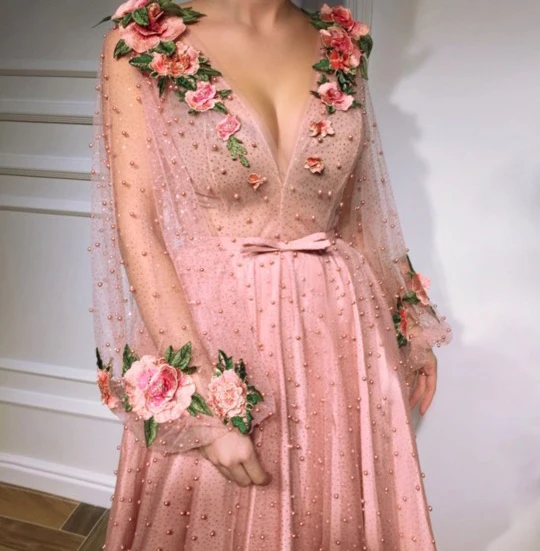 Pink-Muslim-Evening-Dresses-2019-A-line-Long-Sleeves-Tulle-Pearls-Flowers-Islamic-Dubai-Saudi-Arabic (2)