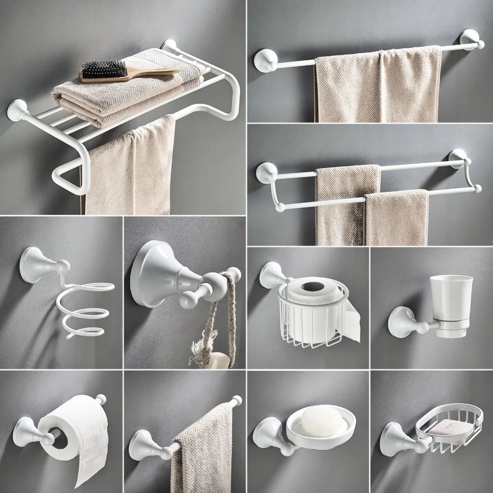 Preise Weiß Bad Hardware Zubehör Set Messing Dusche Seife Dish Haar Trocken Halter Handtuch Schiene Bar Robe Haken Wc Pinsel Rolle halter