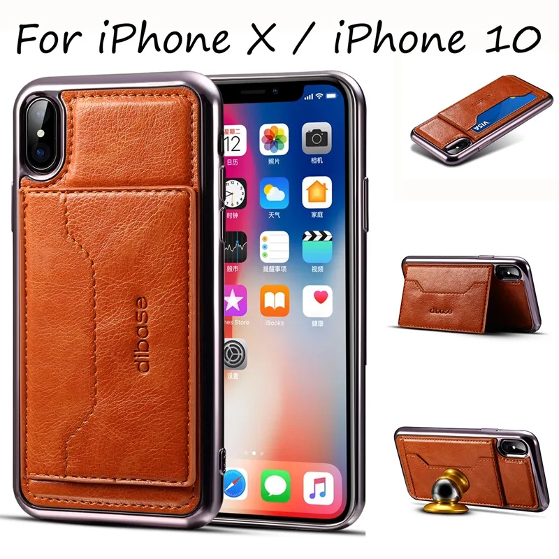 New Fashion Luxury Original Leather Phone Stand Back Cover with Card Slot and Strap for iPhone X iPhone 10 Case 360 Shockproof